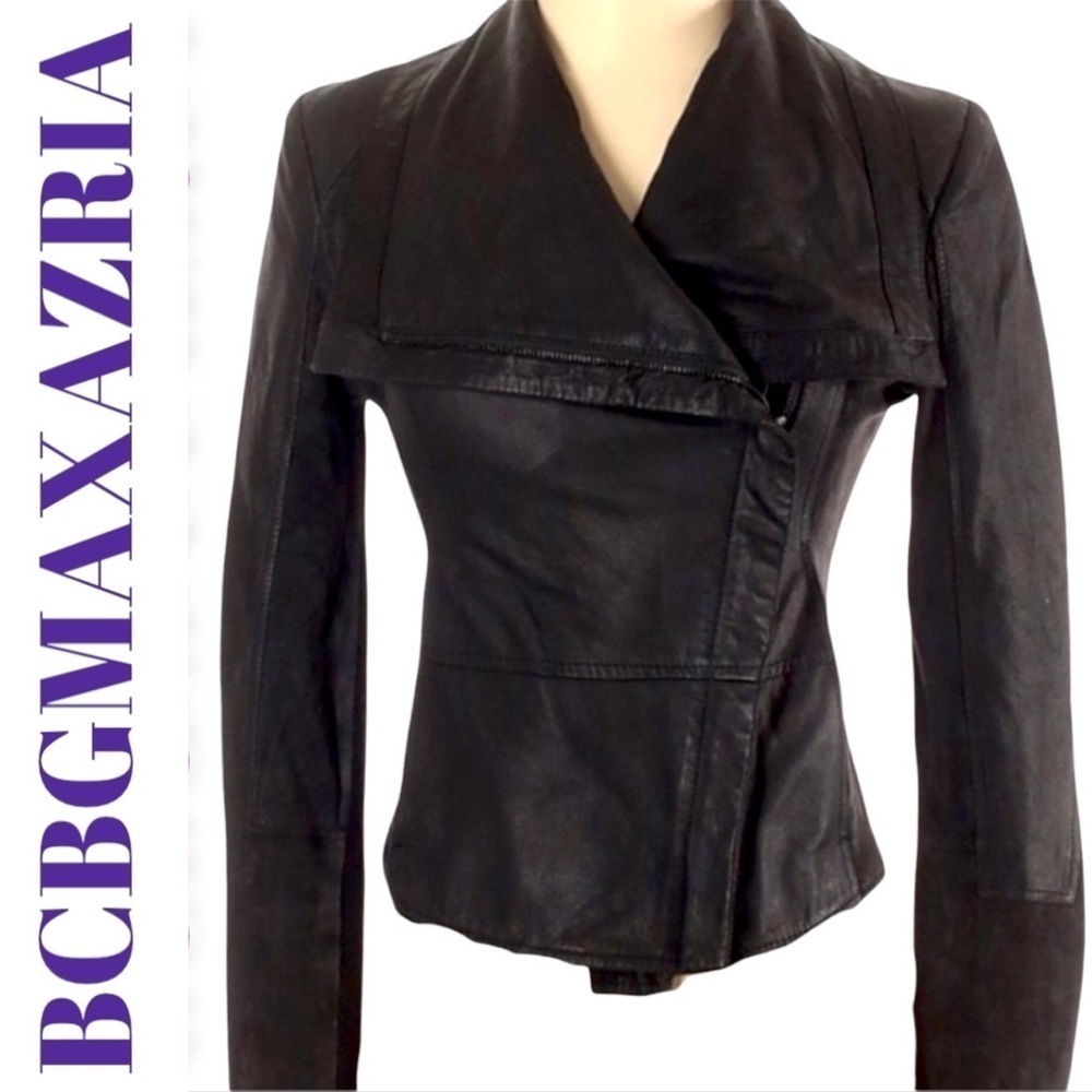 BCBGMAXAZRIA Denny Drape Black Leather Waterfallβ Moto Jacket, Size XXS